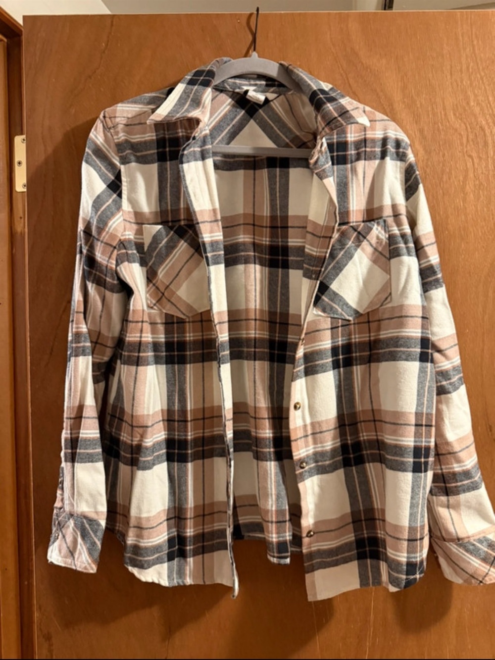 Natural Reflections Plaid Button-Down Jacket in Cream, Brown & Navy